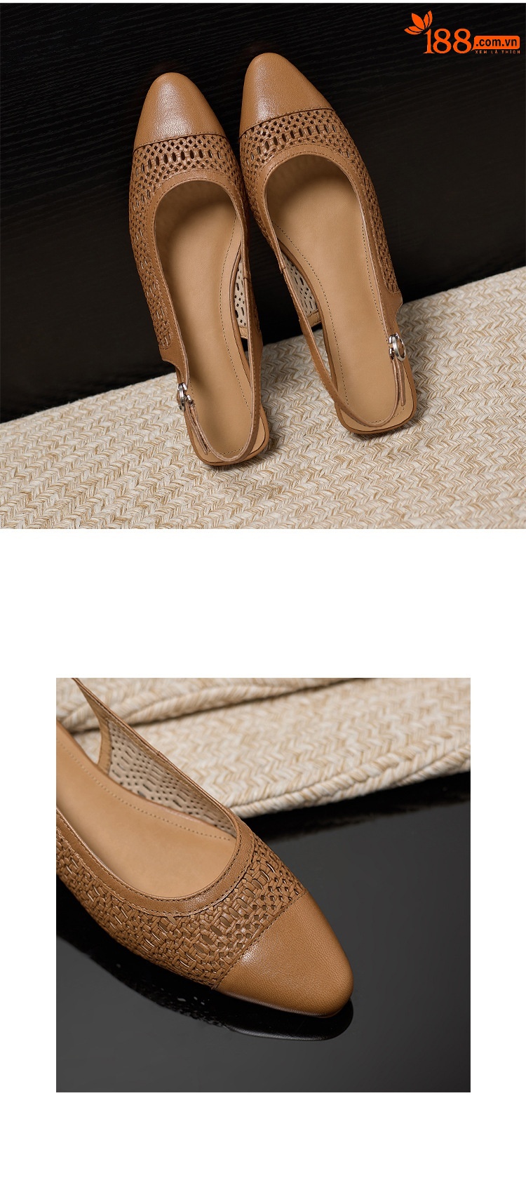 Sandal nữ phong cách vintage mũi kín hở gót đế bệt — Màu caramel chi tiết 14