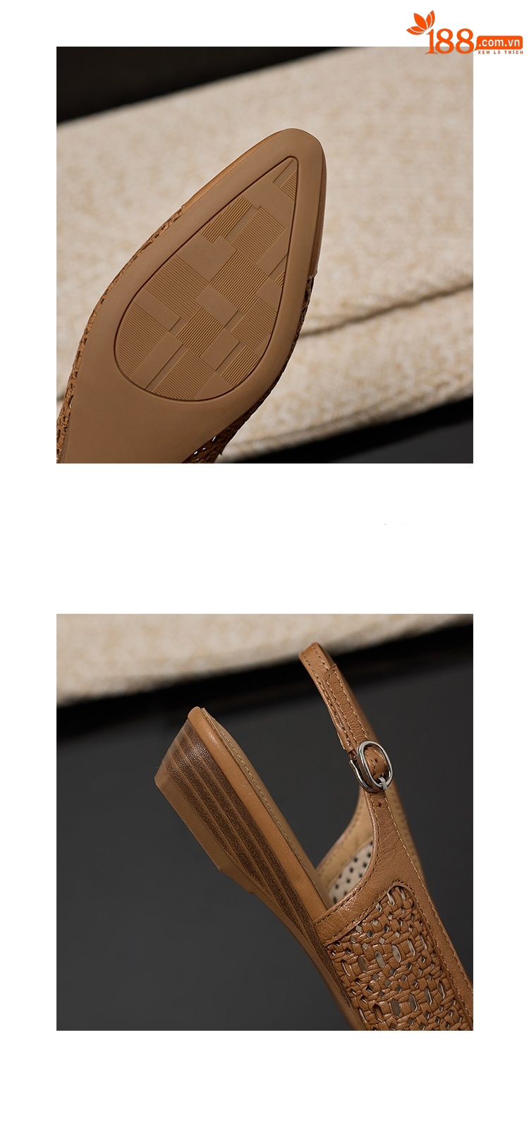 Sandal nữ phong cách vintage mũi kín hở gót đế bệt — Màu caramel chi tiết 15