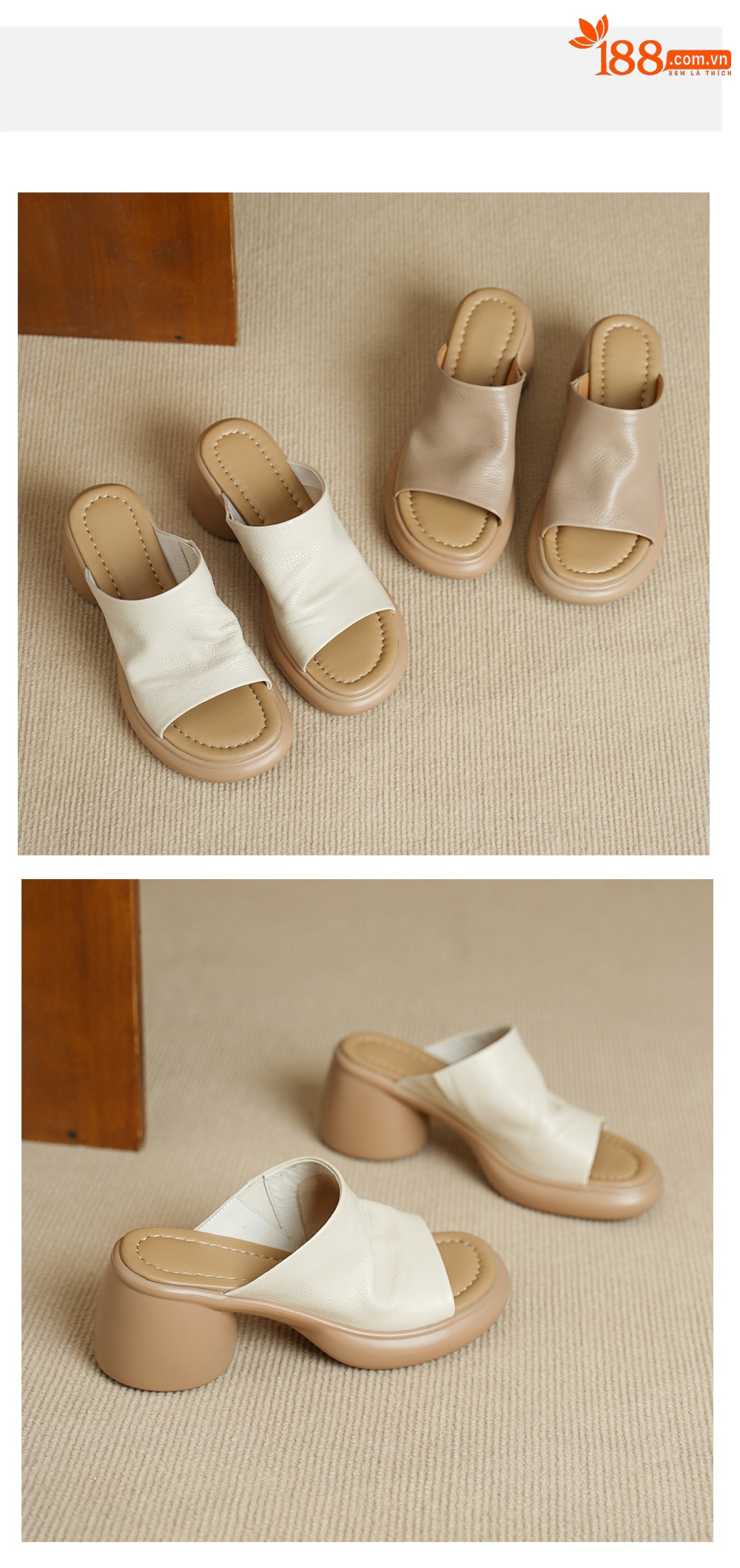 Sandal cao gót nữ hở mũi da dê gót thô 7 cm đế dày — màu trắng ngà chi tiết 11