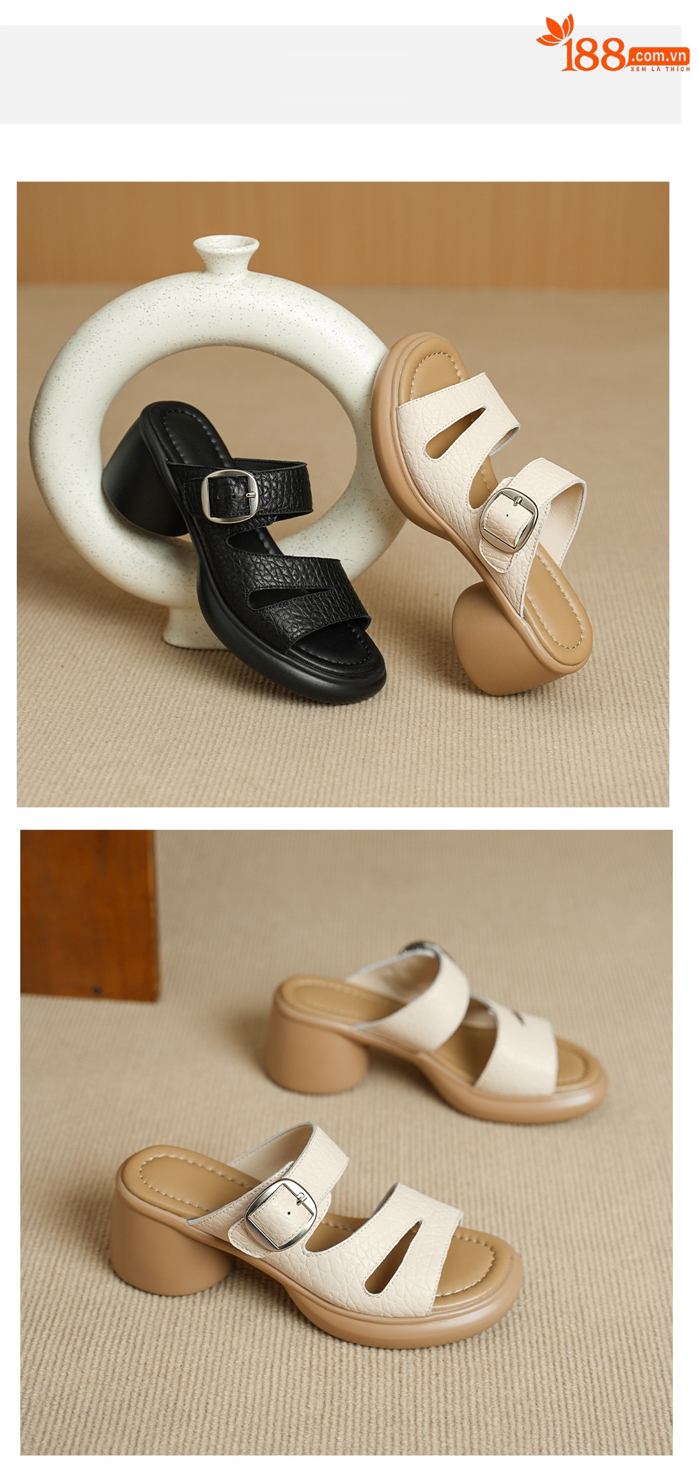 Sandal cao gót nữ hở mũi đế dày da dê 7 cm — đen chi tiết 13