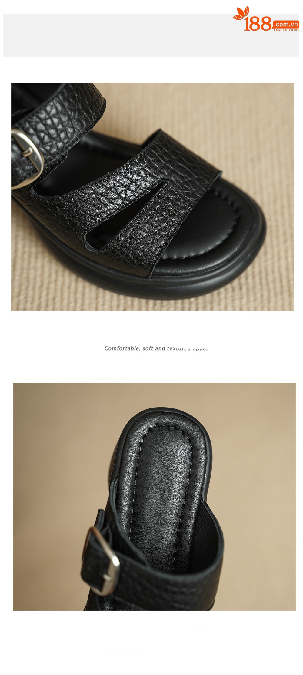 Sandal cao gót nữ hở mũi đế dày da dê 7 cm — đen chi tiết 16