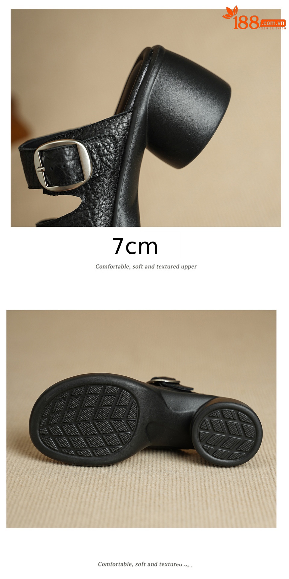 Sandal cao gót nữ hở mũi đế dày da dê 7 cm — đen chi tiết 17