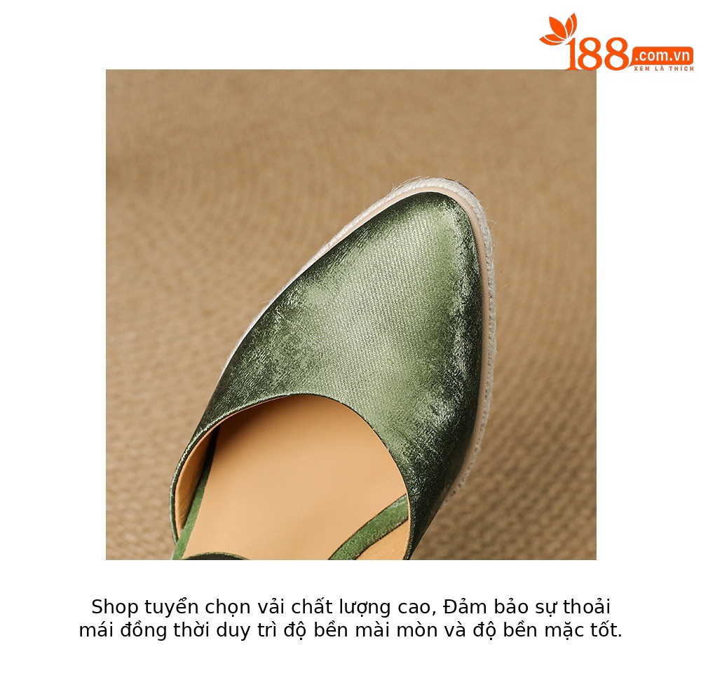 Sandal cao gót nữ phong cách Tân Trung Hoa, mũi kín quai ngang, đế xuồng bện rơm, gót 7 cm — xanh lá cây, màu mơ chi tiết 16