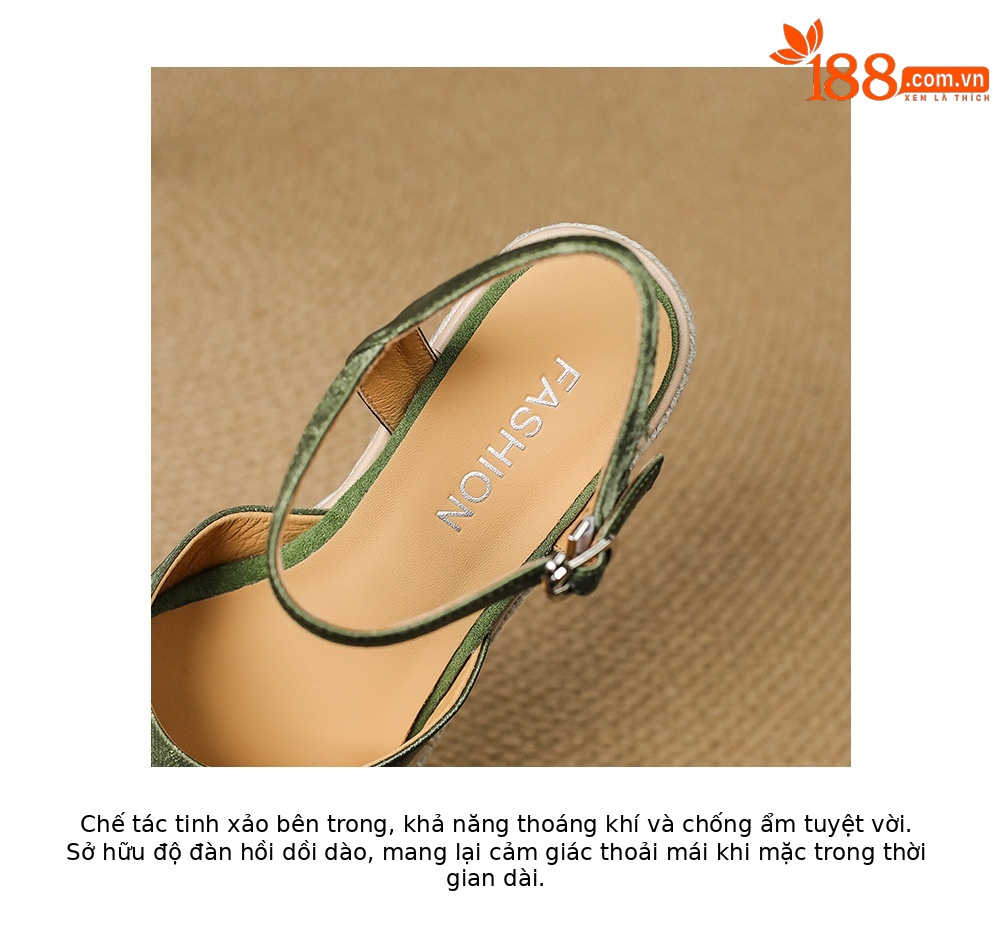 Sandal cao gót nữ phong cách Tân Trung Hoa, mũi kín quai ngang, đế xuồng bện rơm, gót 7 cm — xanh lá cây, màu mơ chi tiết 17
