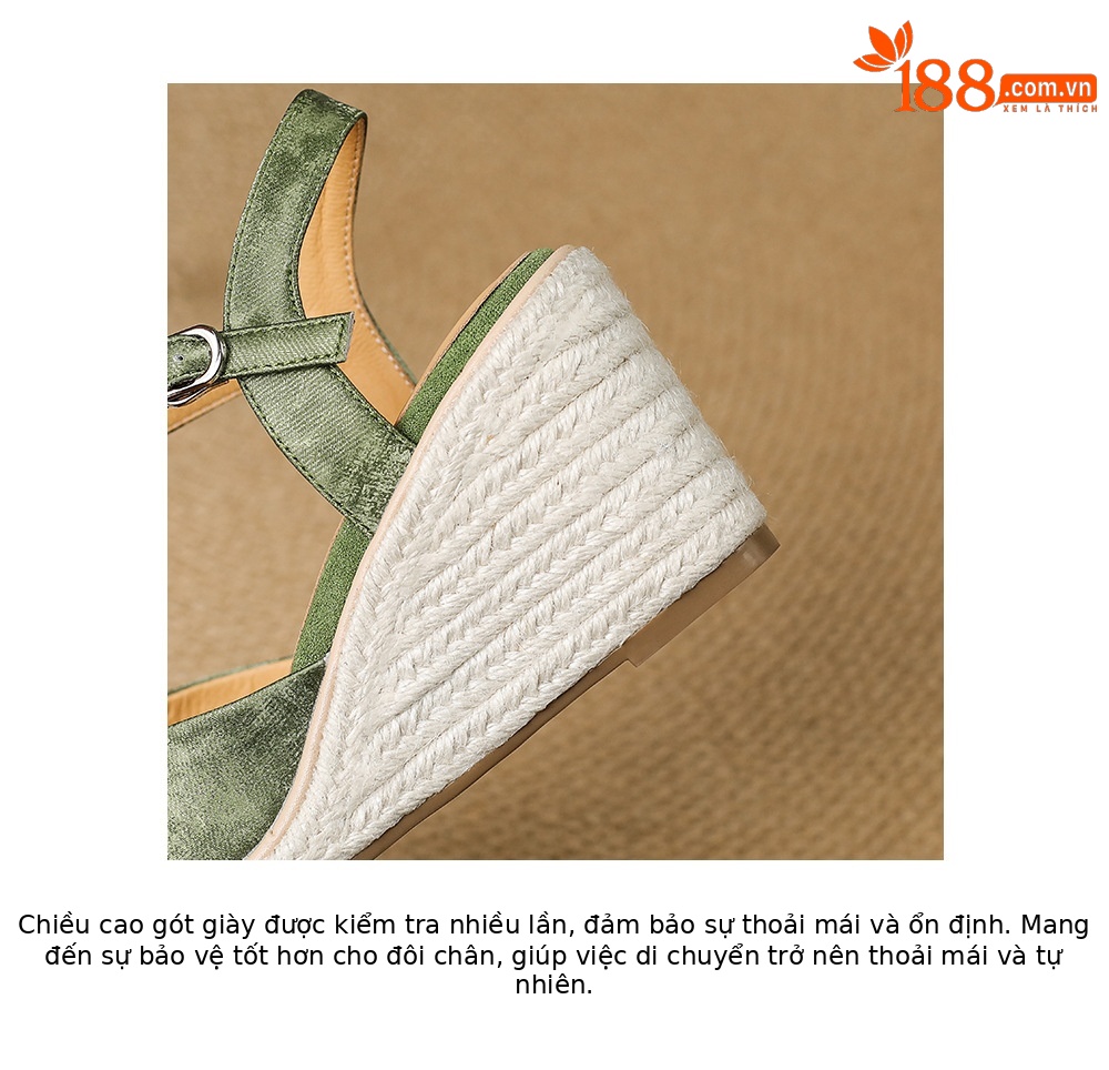 Sandal cao gót nữ phong cách Tân Trung Hoa, mũi kín quai ngang, đế xuồng bện rơm, gót 7 cm — xanh lá cây, màu mơ chi tiết 18