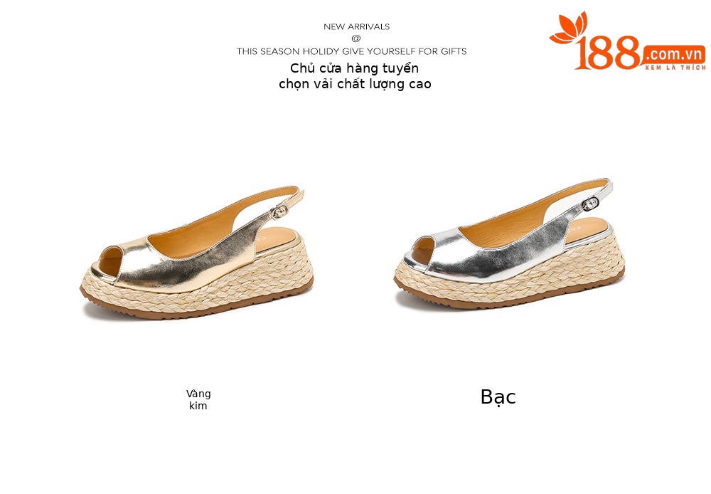 Sandal cao gót nữ mũi hở đế xuồng đan rơm — màu vàng, bạc chi tiết 4