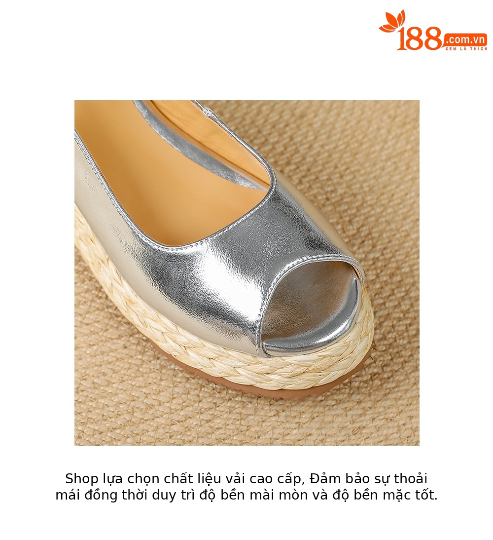 Sandal cao gót nữ mũi hở đế xuồng đan rơm — màu vàng, bạc chi tiết 17
