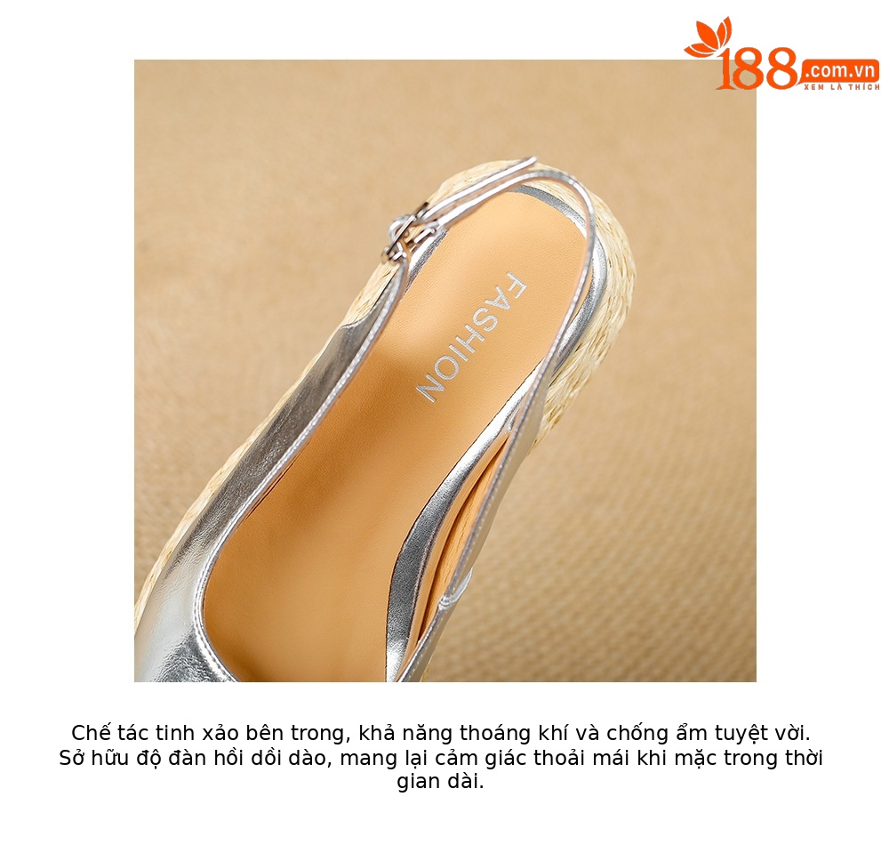 Sandal cao gót nữ mũi hở đế xuồng đan rơm — màu vàng, bạc chi tiết 18