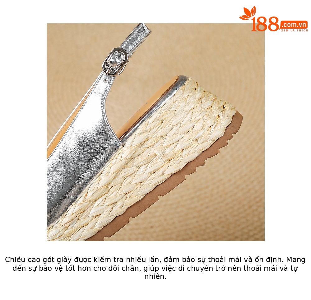 Sandal cao gót nữ mũi hở đế xuồng đan rơm — màu vàng, bạc chi tiết 19