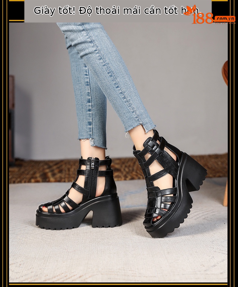 Boot cổ thấp nữ đế tăng chiều cao 10 cm, phong cách martin, thiết kế hở mũi cách điệu — màu đen chi tiết 3