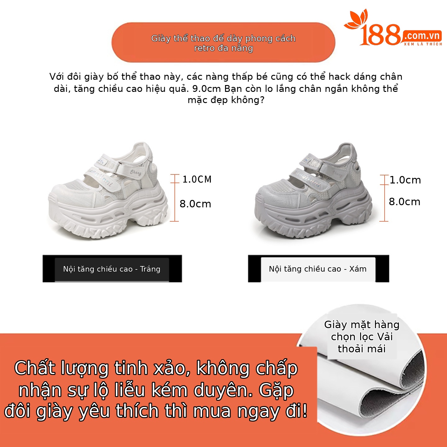 Giày sneaker nữ đế dày tăng chiều cao, dán Magic Stick, thoáng khí — màu trắng