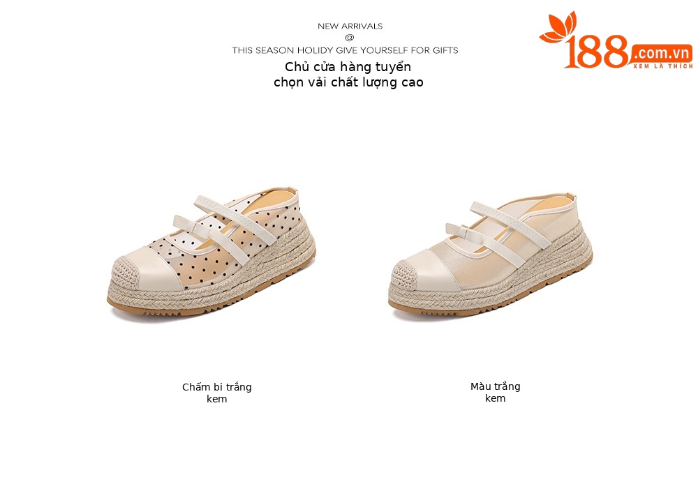 Mule nữ mũi nhọn bít đế xuồng cao gót 5 cm phong cách boho — màu trắng ngà, Chấm bi trắng kem chi tiết 4