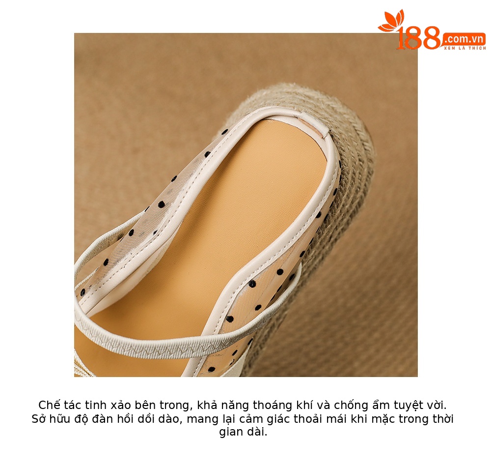 Mule nữ mũi nhọn bít đế xuồng cao gót 5 cm phong cách boho — màu trắng ngà, Chấm bi trắng kem chi tiết 19