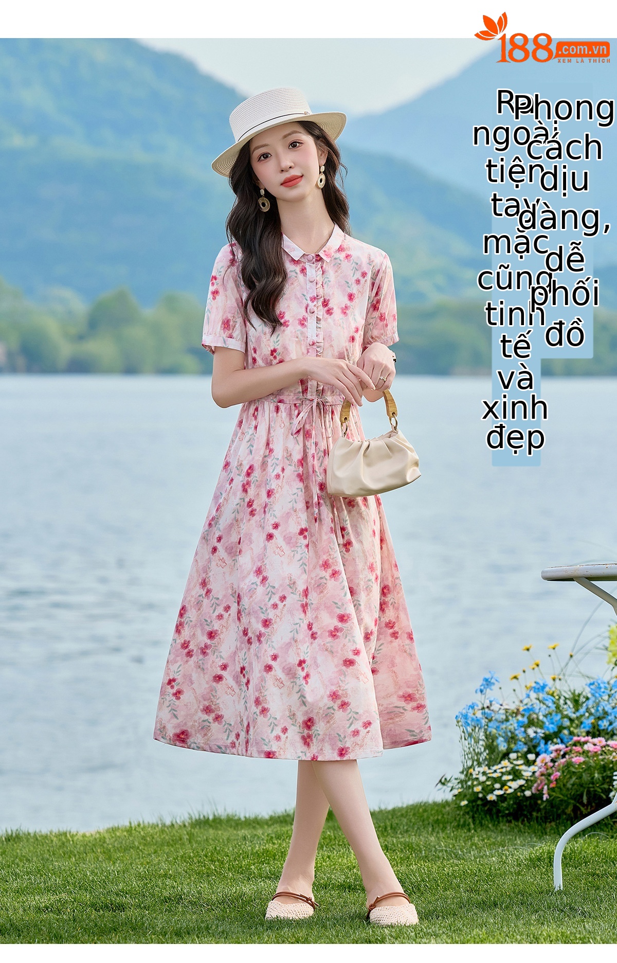 Đầm maxi nữ thắt eo họa tiết hoa nhí phong cách Pháp 2026 — Màu hồng chi tiết 5