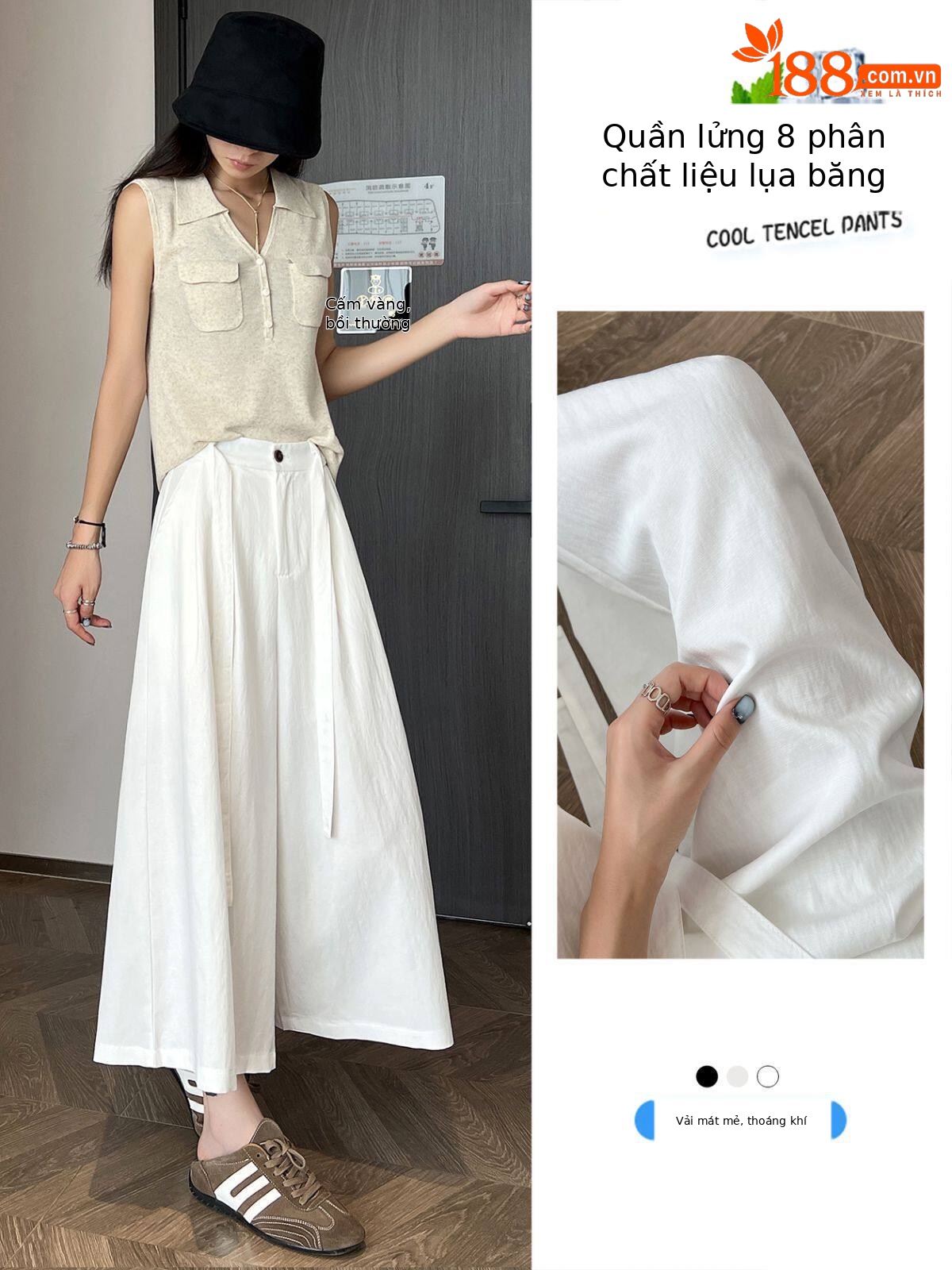 Quần culottes nữ ống rộng cạp cao suông rủ dáng dài 9 phân chất liệu lụa mát mùa hè — màu đen