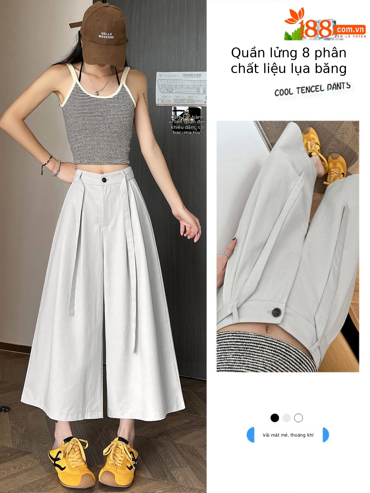 Quần culottes nữ ống rộng cạp cao suông rủ dáng dài 9 phân chất liệu lụa mát mùa hè — màu đen