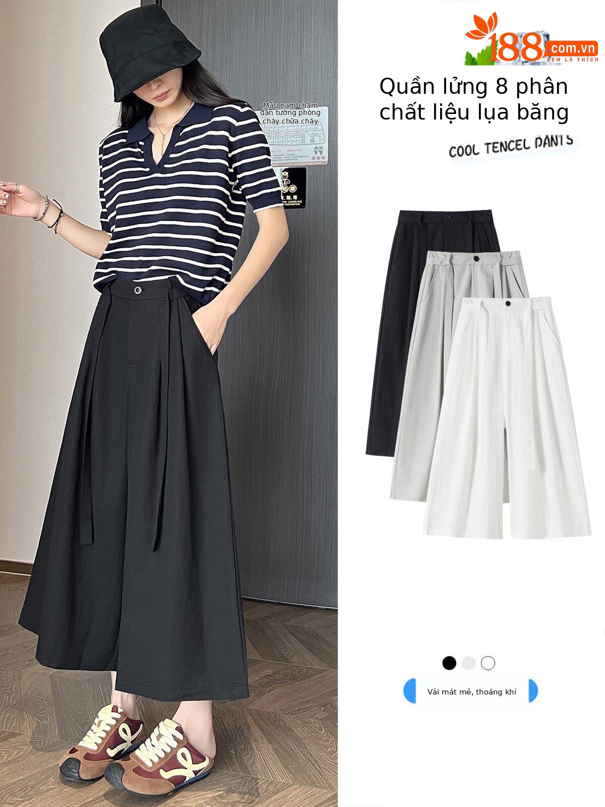 Quần culottes nữ ống rộng cạp cao suông rủ dáng dài 9 phân chất liệu lụa mát mùa hè — màu đen
