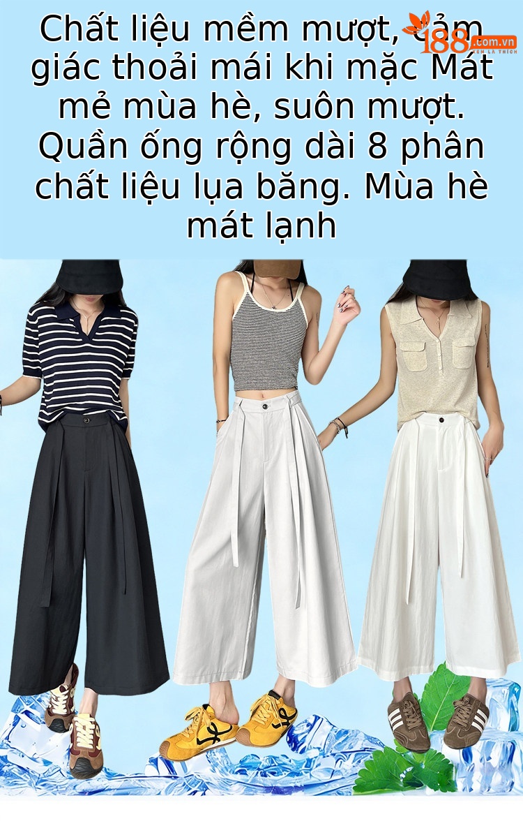 Quần culottes nữ ống rộng cạp cao suông rủ dáng dài 9 phân chất liệu lụa mát mùa hè — màu đen chi tiết 2