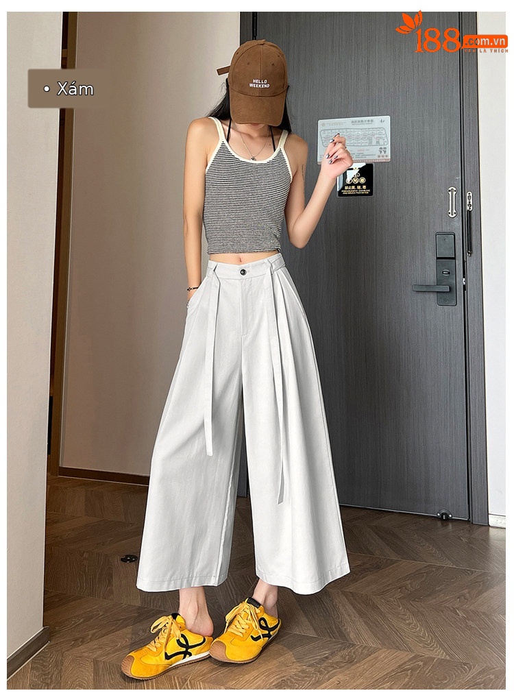 Quần culottes nữ ống rộng cạp cao suông rủ dáng dài 9 phân chất liệu lụa mát mùa hè — màu đen chi tiết 21