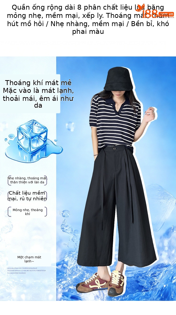 Quần culottes nữ ống rộng cạp cao suông rủ dáng dài 9 phân chất liệu lụa mát mùa hè — màu đen chi tiết 6