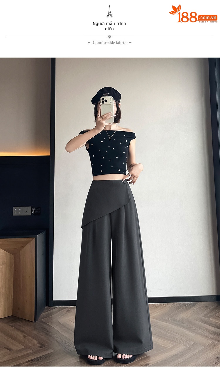 Quần culottes nữ ống rộng phối mảnh giả hai dây, cạp cao tạo dáng thon gọn — Xám kéo dài chi tiết 19