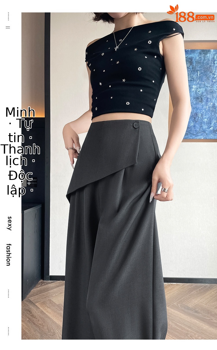 Quần culottes nữ ống rộng phối mảnh giả hai dây, cạp cao tạo dáng thon gọn — Xám kéo dài chi tiết 21