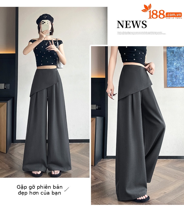 Quần culottes nữ ống rộng phối mảnh giả hai dây, cạp cao tạo dáng thon gọn — Xám kéo dài chi tiết 24