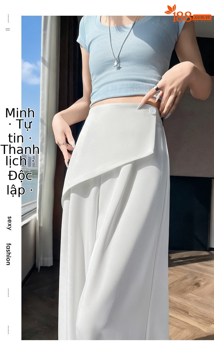 Quần culottes nữ ống rộng phối mảnh giả hai dây, cạp cao tạo dáng thon gọn — Xám kéo dài chi tiết 34
