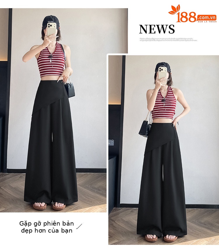 Quần culottes nữ ống rộng phối mảnh giả hai dây, cạp cao tạo dáng thon gọn — Xám kéo dài chi tiết 36