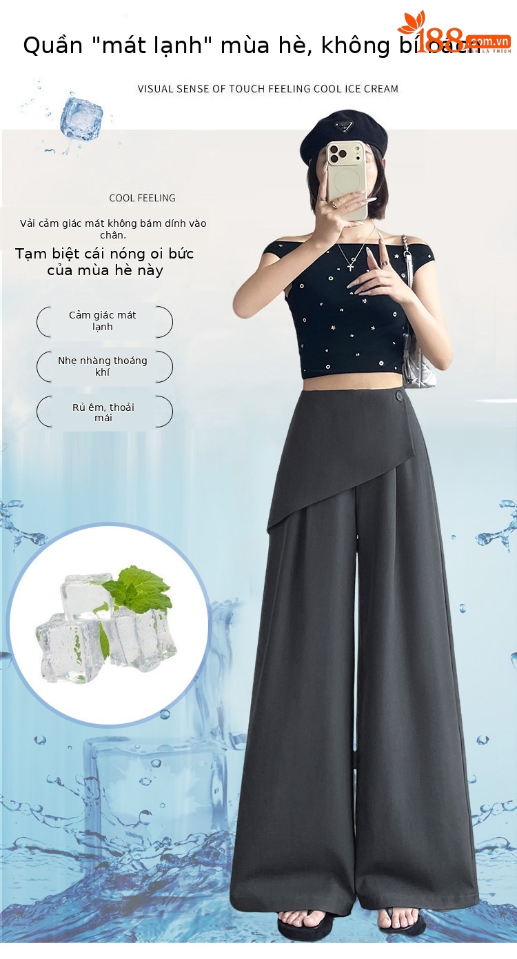 Quần culottes nữ ống rộng phối mảnh giả hai dây, cạp cao tạo dáng thon gọn — Xám kéo dài chi tiết 6