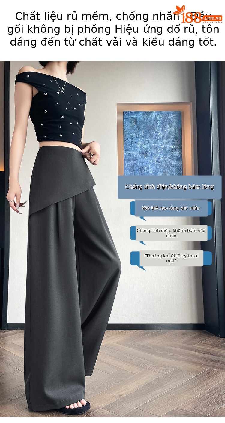 Quần culottes nữ ống rộng phối mảnh giả hai dây, cạp cao tạo dáng thon gọn — Xám kéo dài chi tiết 8