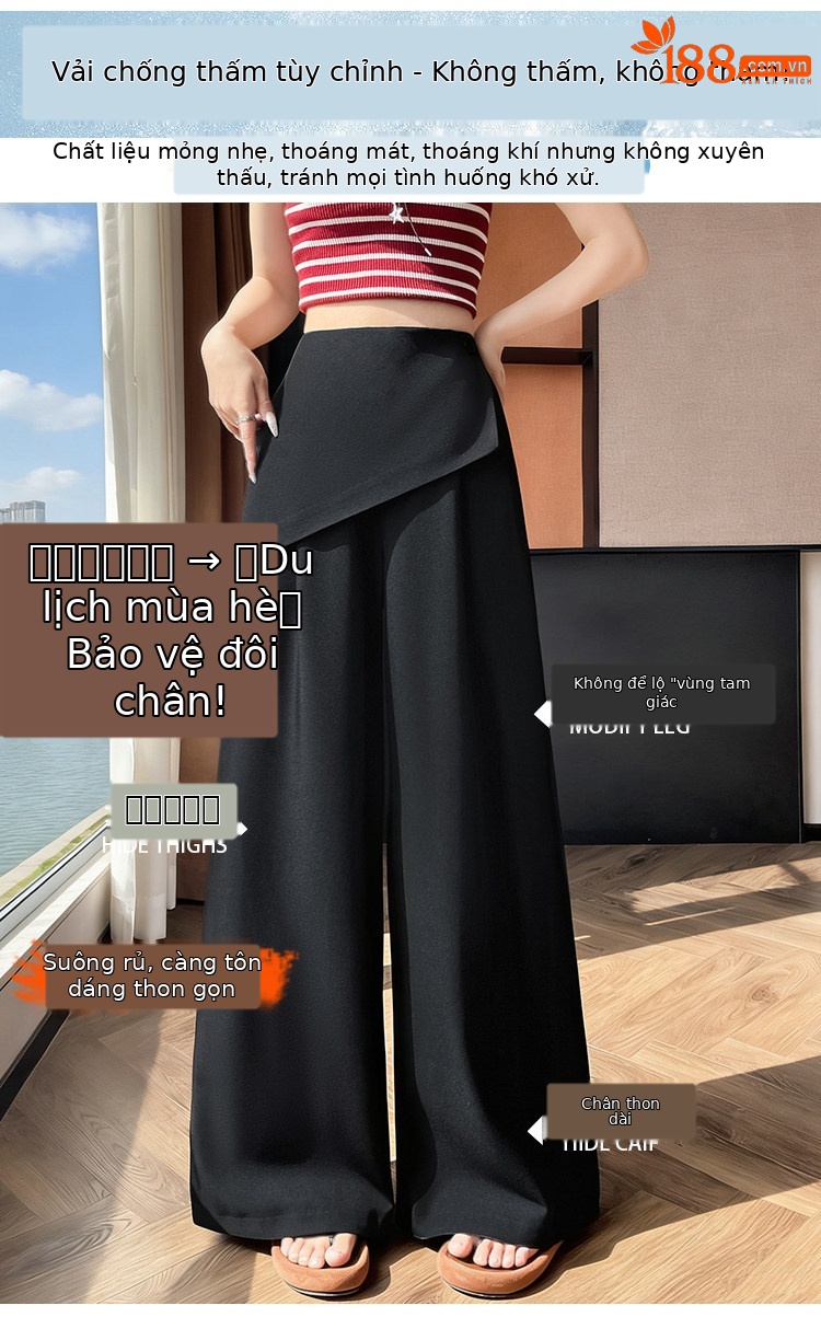 Quần culottes nữ ống rộng phối mảnh giả hai dây, cạp cao tạo dáng thon gọn — Xám kéo dài chi tiết 10