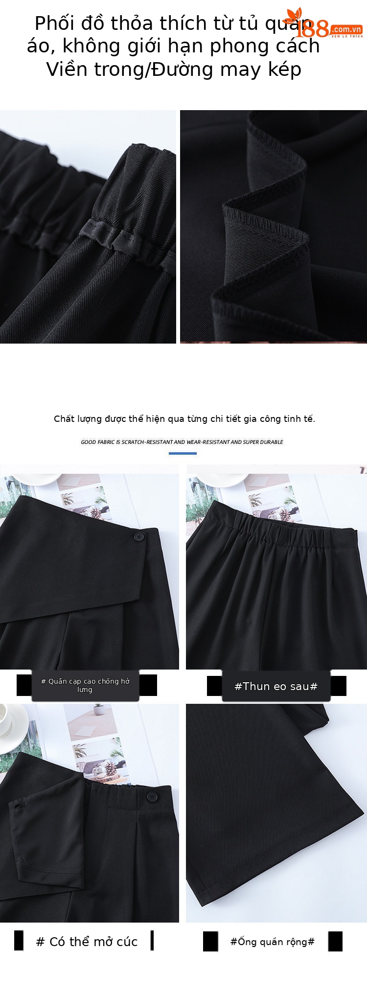 Quần culottes nữ ống rộng phối mảnh giả hai dây, cạp cao tạo dáng thon gọn — Xám kéo dài chi tiết 15