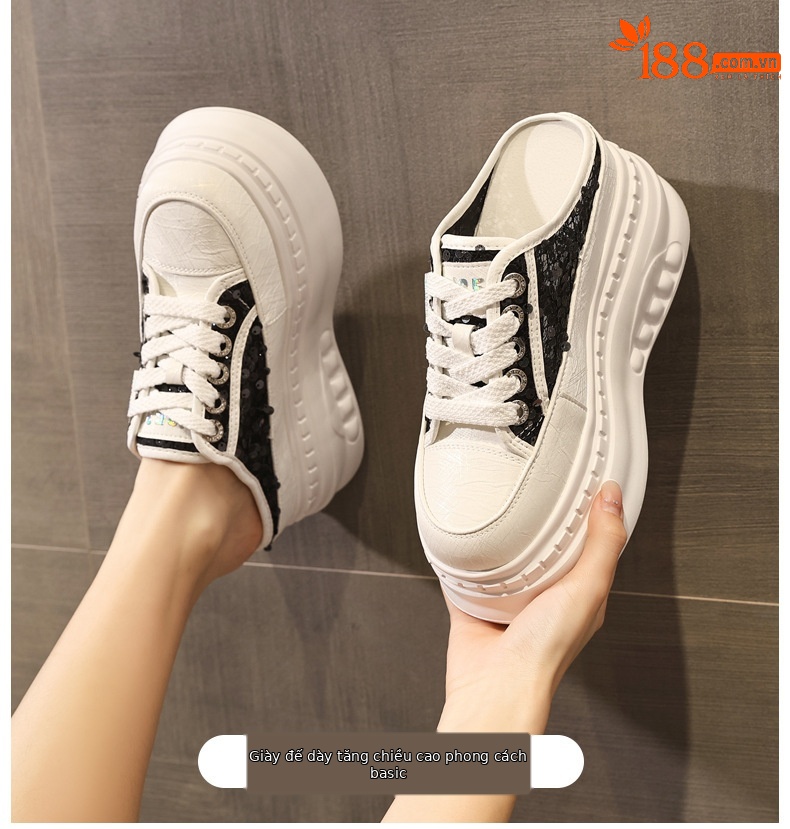 Giày sneaker nữ đế dày tăng chiều cao mũi tròn phong cách bánh mì trắng mùa hè 2026 — màu đen, màu trắng chi tiết 1