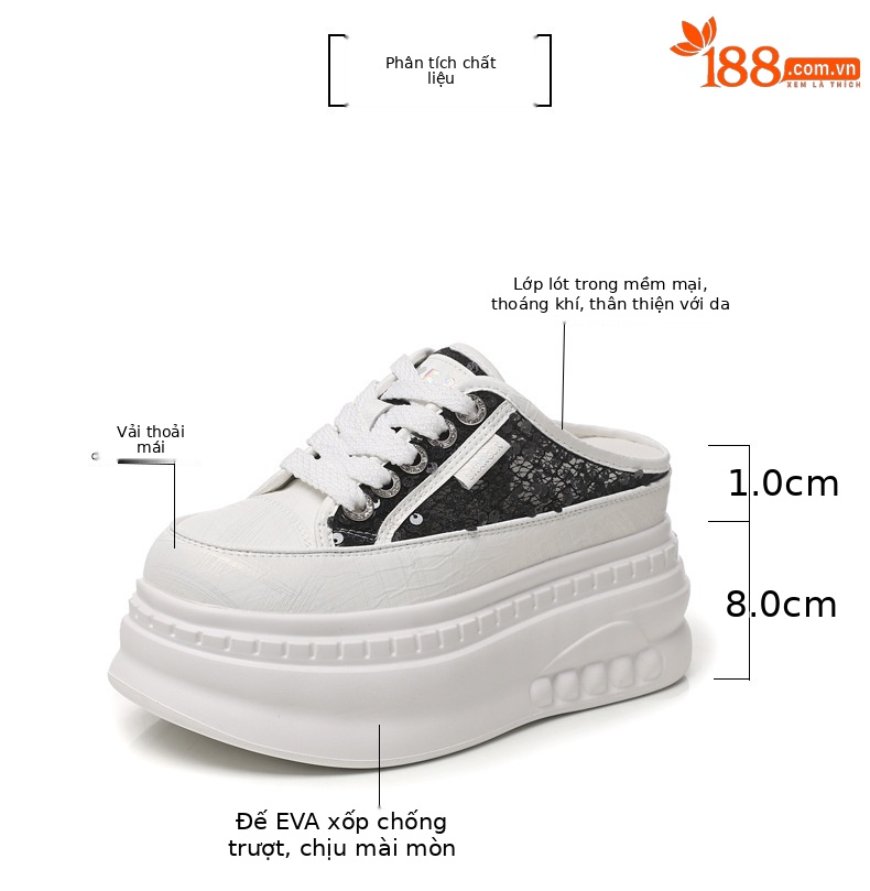 Giày sneaker nữ đế dày tăng chiều cao mũi tròn phong cách bánh mì trắng mùa hè 2026 — màu đen, màu trắng chi tiết 3