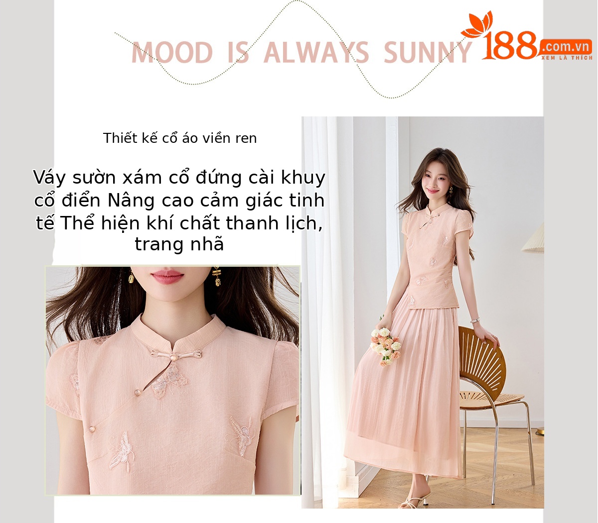 Set áo sơ mi thêu hoa kết hợp chân váy midi phong cách tân cổ điển — Màu hồng, màu trắng ngà chi tiết 3