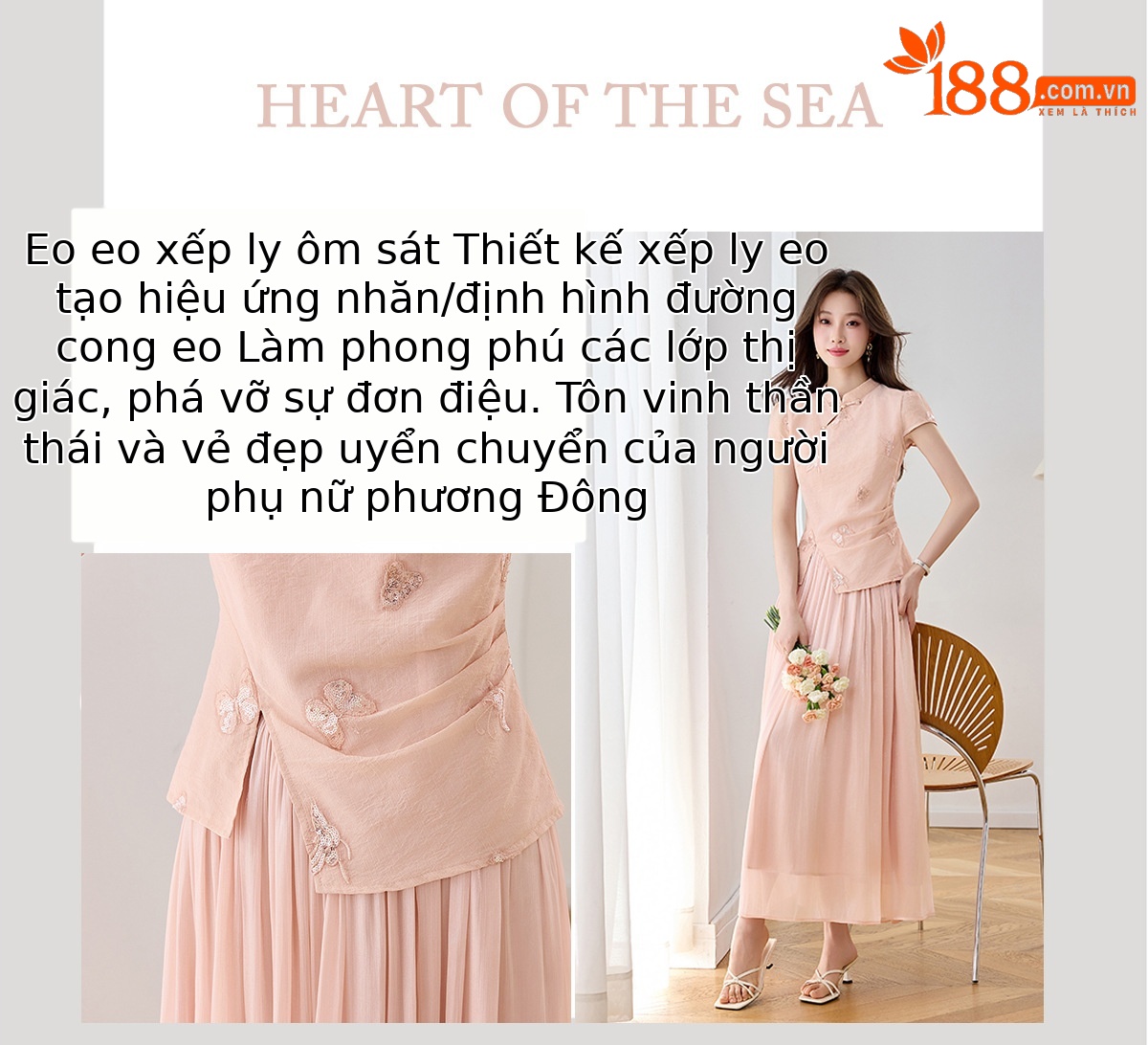 Set áo sơ mi thêu hoa kết hợp chân váy midi phong cách tân cổ điển — Màu hồng, màu trắng ngà chi tiết 4