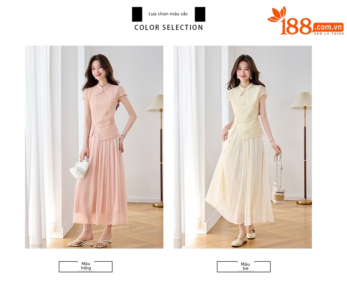Set áo sơ mi thêu hoa kết hợp chân váy midi phong cách tân cổ điển — Màu hồng, màu trắng ngà chi tiết 6