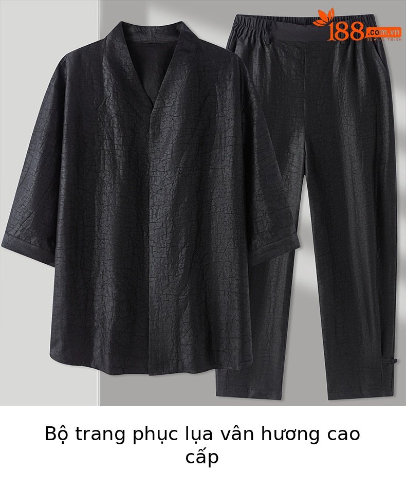 Bộ hai mảnh mùa hè tay bảy phần chất lụa tơ tằm họa tiết rùa vân hương — Da đen 2686 chi tiết 1