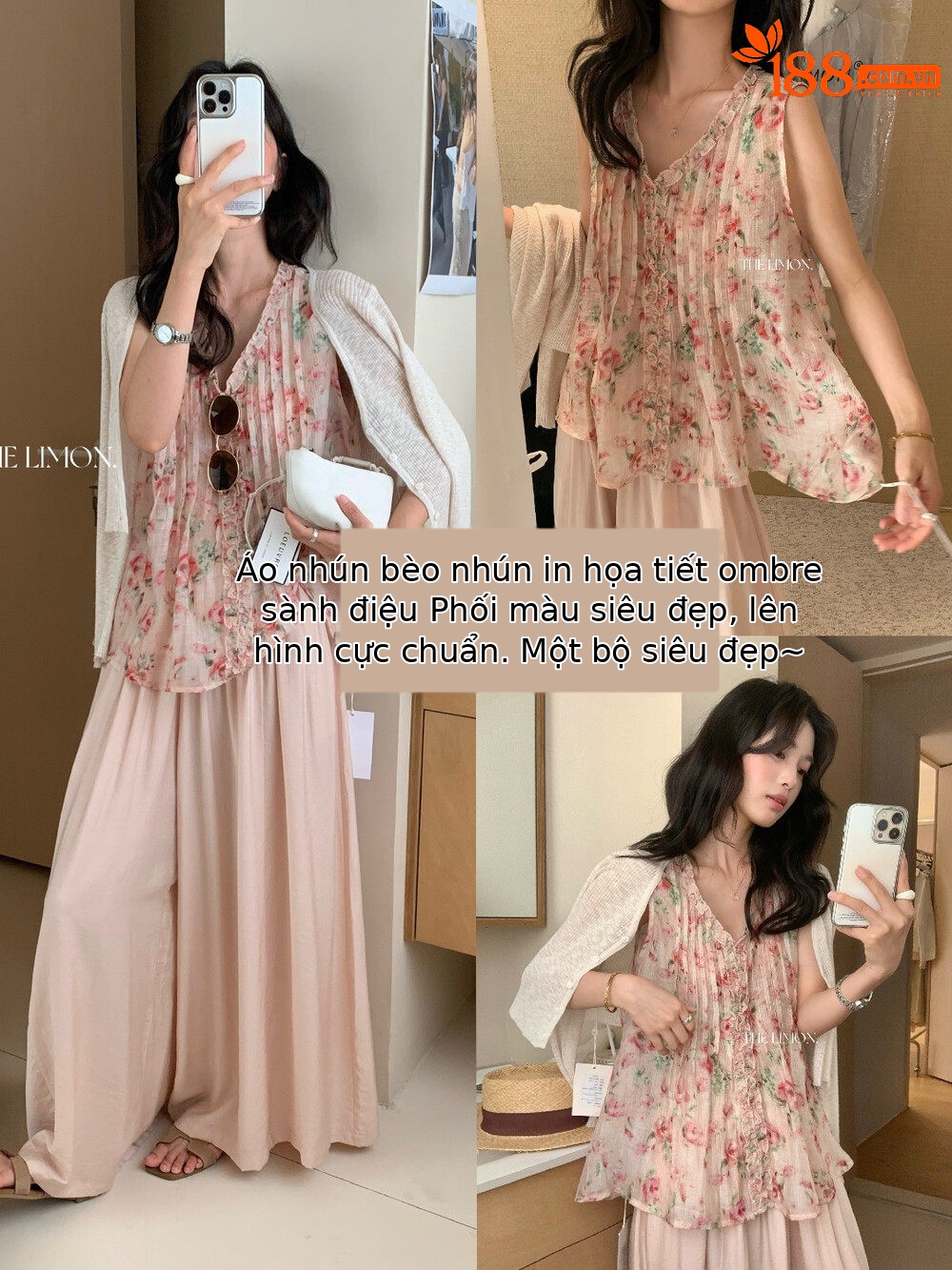 Áo sơ mi nữ cổ V tay phồng họa tiết hoa nhí viền ren — màu hồng chi tiết 20