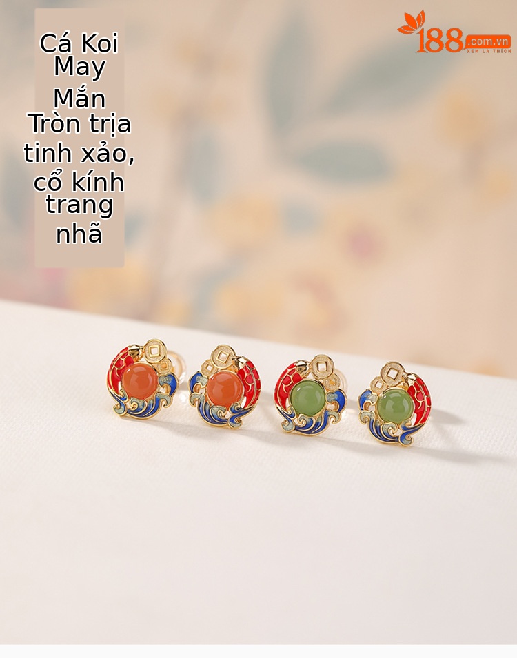 Bông tai bạc S925 mạ vàng hình cá chép Koi đính mã não hồng phong cách quốc phong — Tiền thủy hồng chi tiết 1