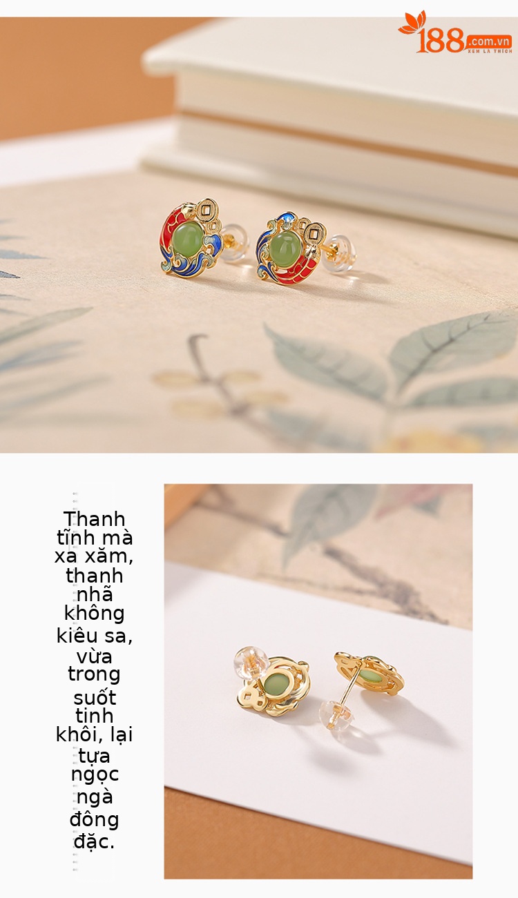 Bông tai bạc S925 mạ vàng hình cá chép Koi đính mã não hồng phong cách quốc phong — Tiền thủy hồng chi tiết 3