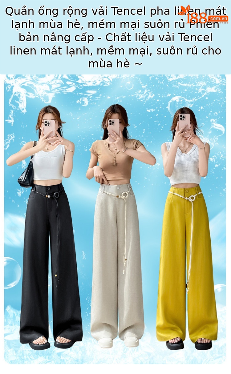 Quần culottes nữ ống rộng cạp cao vải linen phối sợi Tencel mỏng nhẹ mùa hè — Màu đen thông thường chi tiết 1