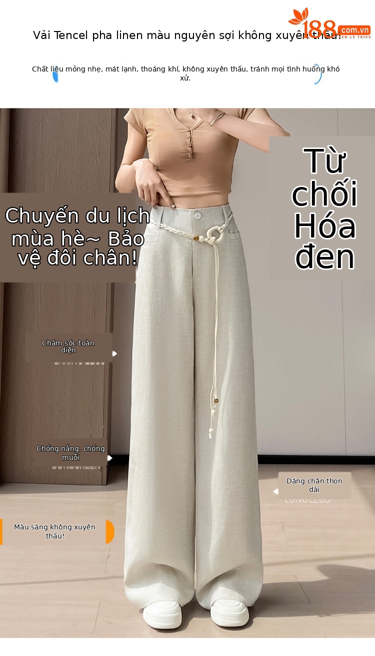 Quần culottes nữ ống rộng cạp cao vải linen phối sợi Tencel mỏng nhẹ mùa hè — Màu đen thông thường chi tiết 6