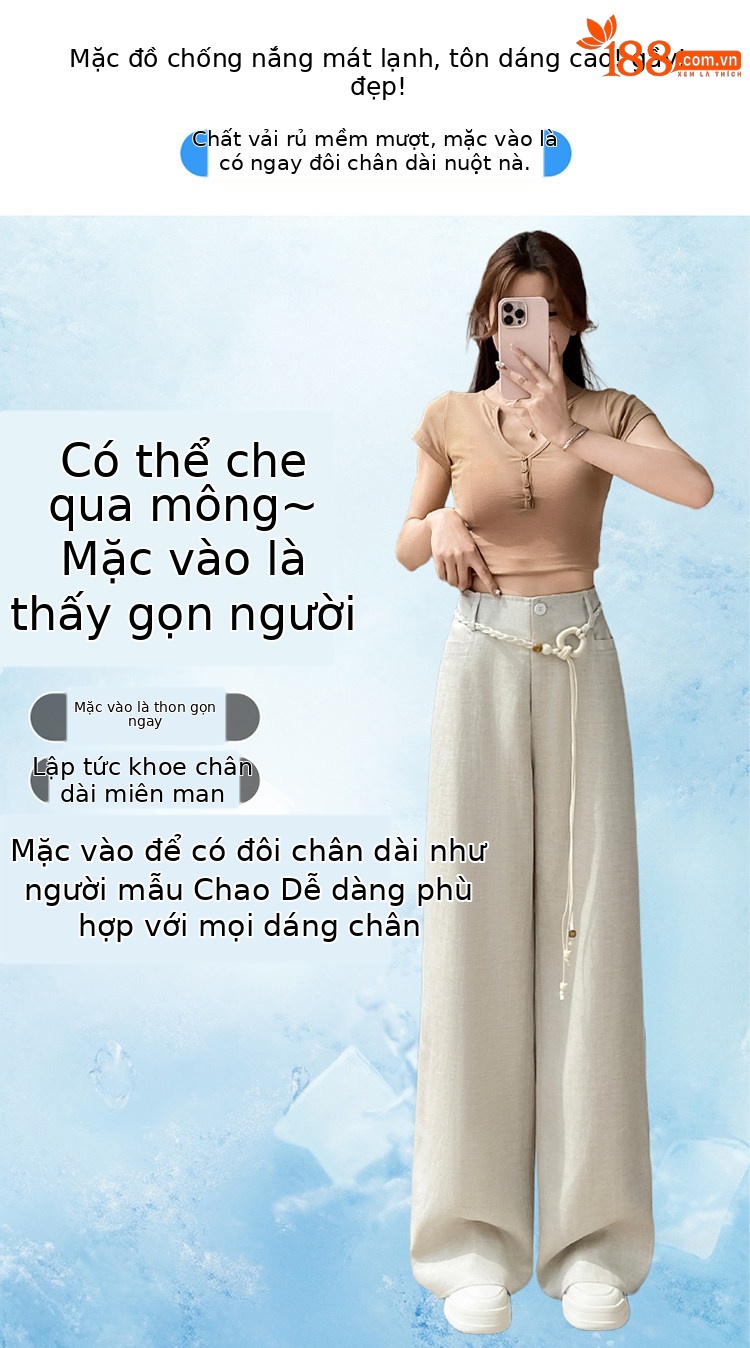 Quần culottes nữ ống rộng cạp cao vải linen phối sợi Tencel mỏng nhẹ mùa hè — Màu đen thông thường chi tiết 8
