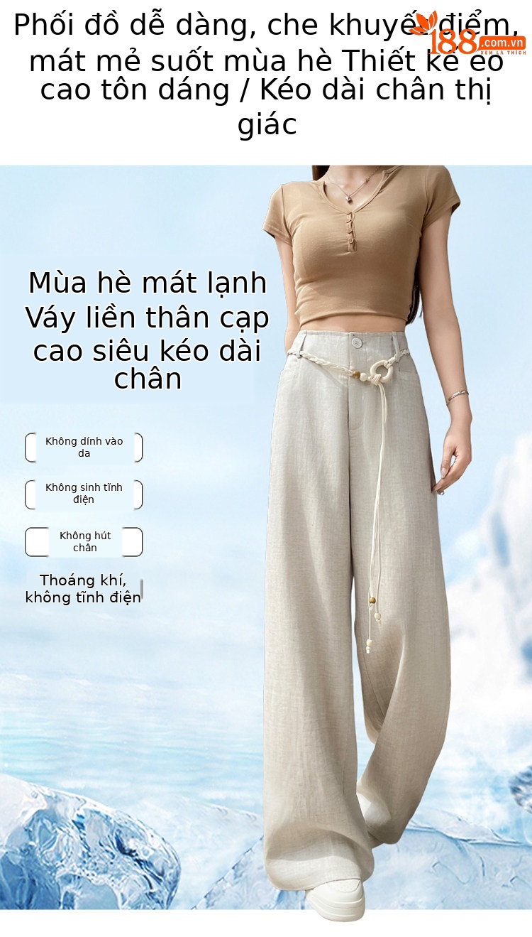 Quần culottes nữ ống rộng cạp cao vải linen phối sợi Tencel mỏng nhẹ mùa hè — Màu đen thông thường chi tiết 11