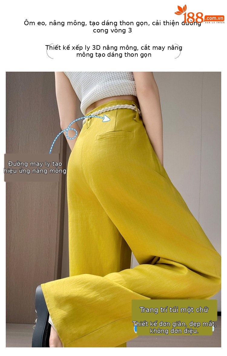 Quần culottes nữ ống rộng cạp cao vải linen phối sợi Tencel mỏng nhẹ mùa hè — Màu đen thông thường chi tiết 22