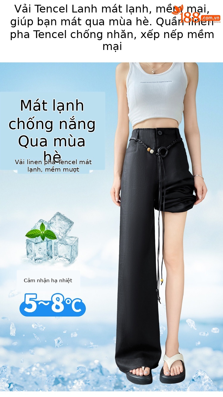 Quần culottes nữ ống rộng cạp cao vải linen phối sợi Tencel mỏng nhẹ mùa hè — Màu đen thông thường chi tiết 25