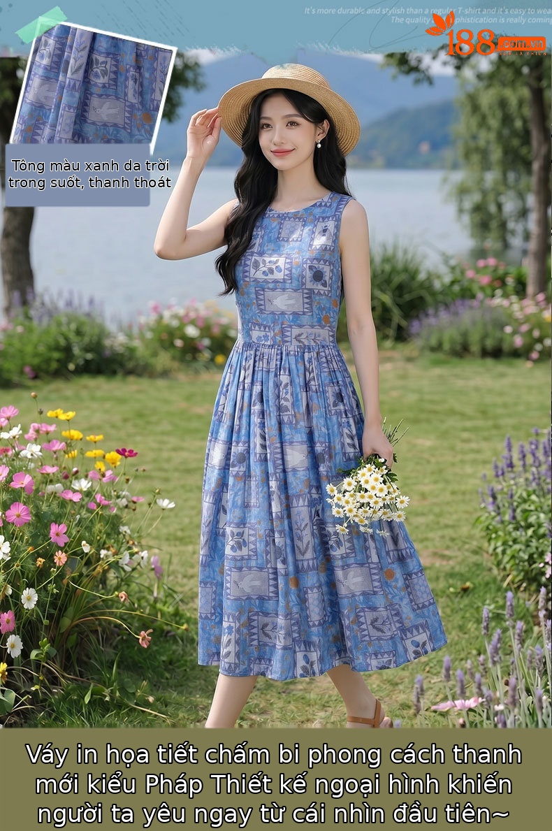 Đầm maxi nữ họa tiết hoa nhí không tay cổ tròn dáng suông thắt eo — Màu ảnh chi tiết 1