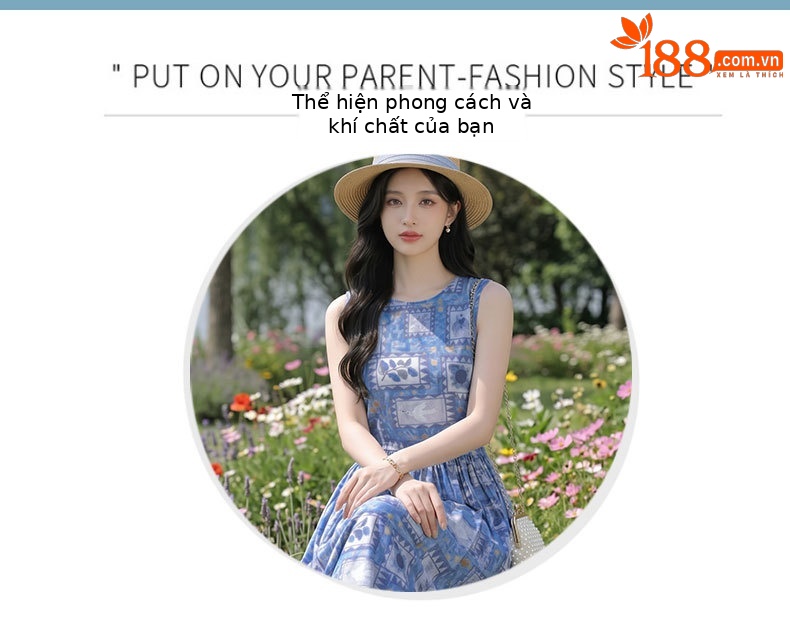Đầm maxi nữ họa tiết hoa nhí không tay cổ tròn dáng suông thắt eo — Màu ảnh chi tiết 2